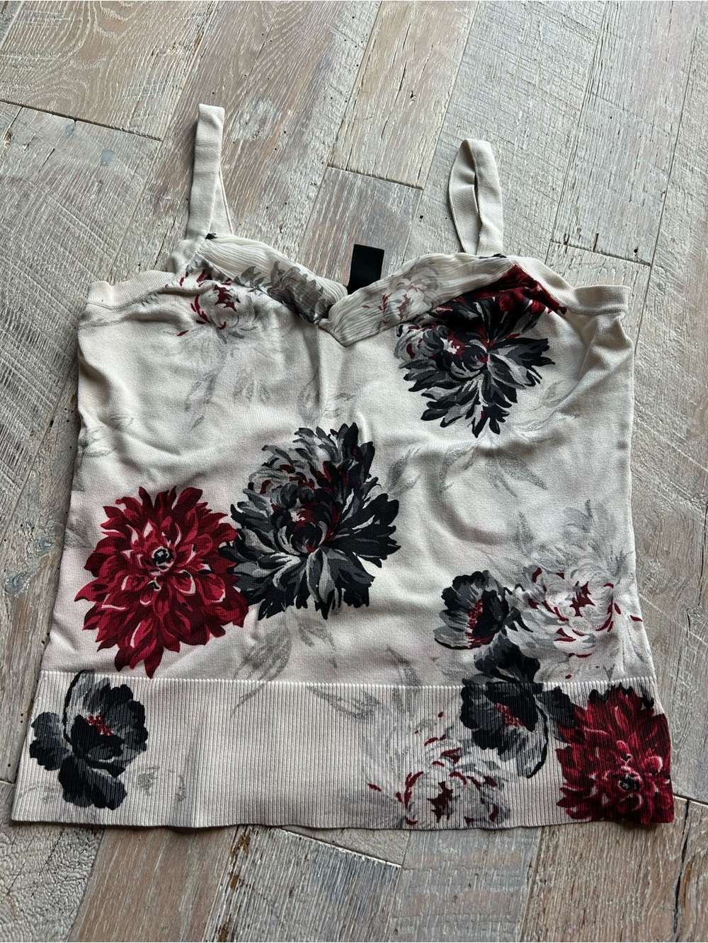 WHBM Floral Scoop Neck Cami Tank Top - Cream with Red & Black Flowers 🌺